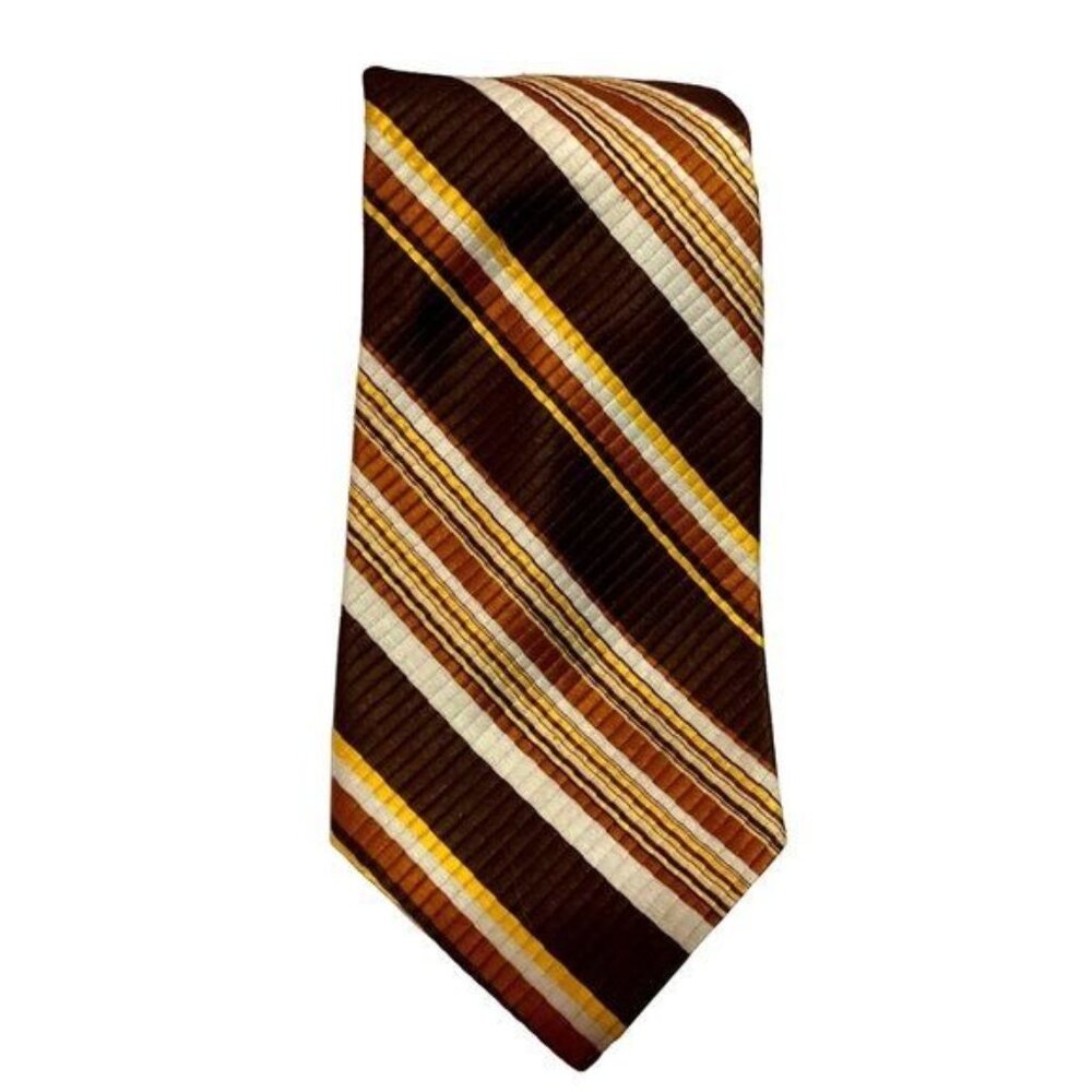 Vtg Vanderbilt Designer Necktie Brown Yellow Striped Polyester 60" X 4"  Mens